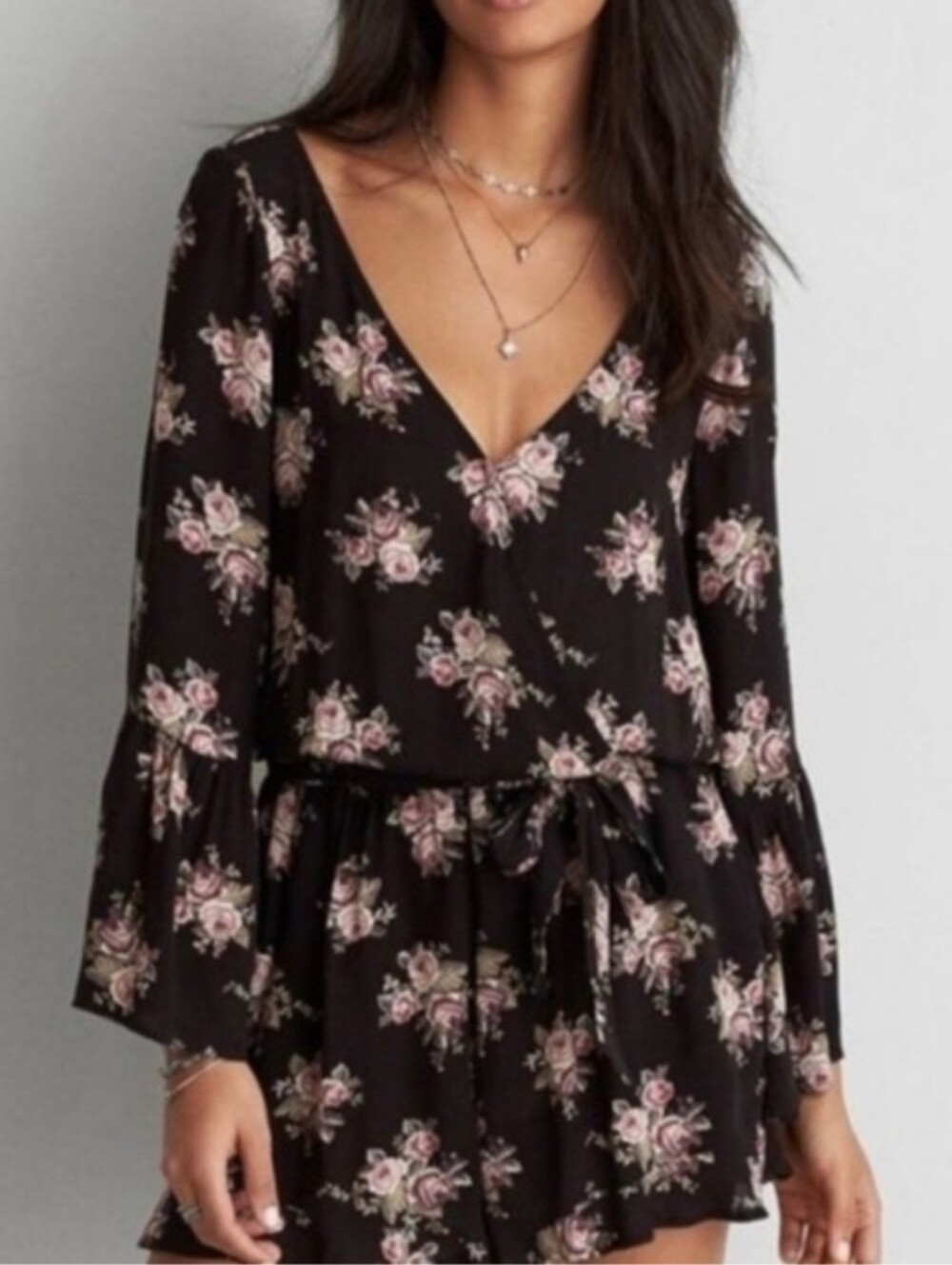 American Eagle Outfitters Floral Wrap Romper Flared Bell Sleeves XS